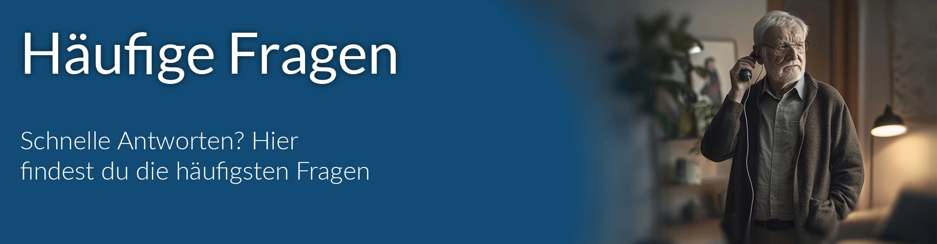 Banner mit einem älteren Mann der telefoniert Banner mit einem älteren Mann der telefoniert mit einem Text für Häufige Fragen