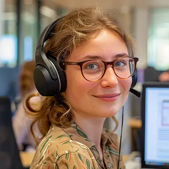 Junge Frau mit Headset Eine junge Frau mit Headset am Computer schaut in die Kamera