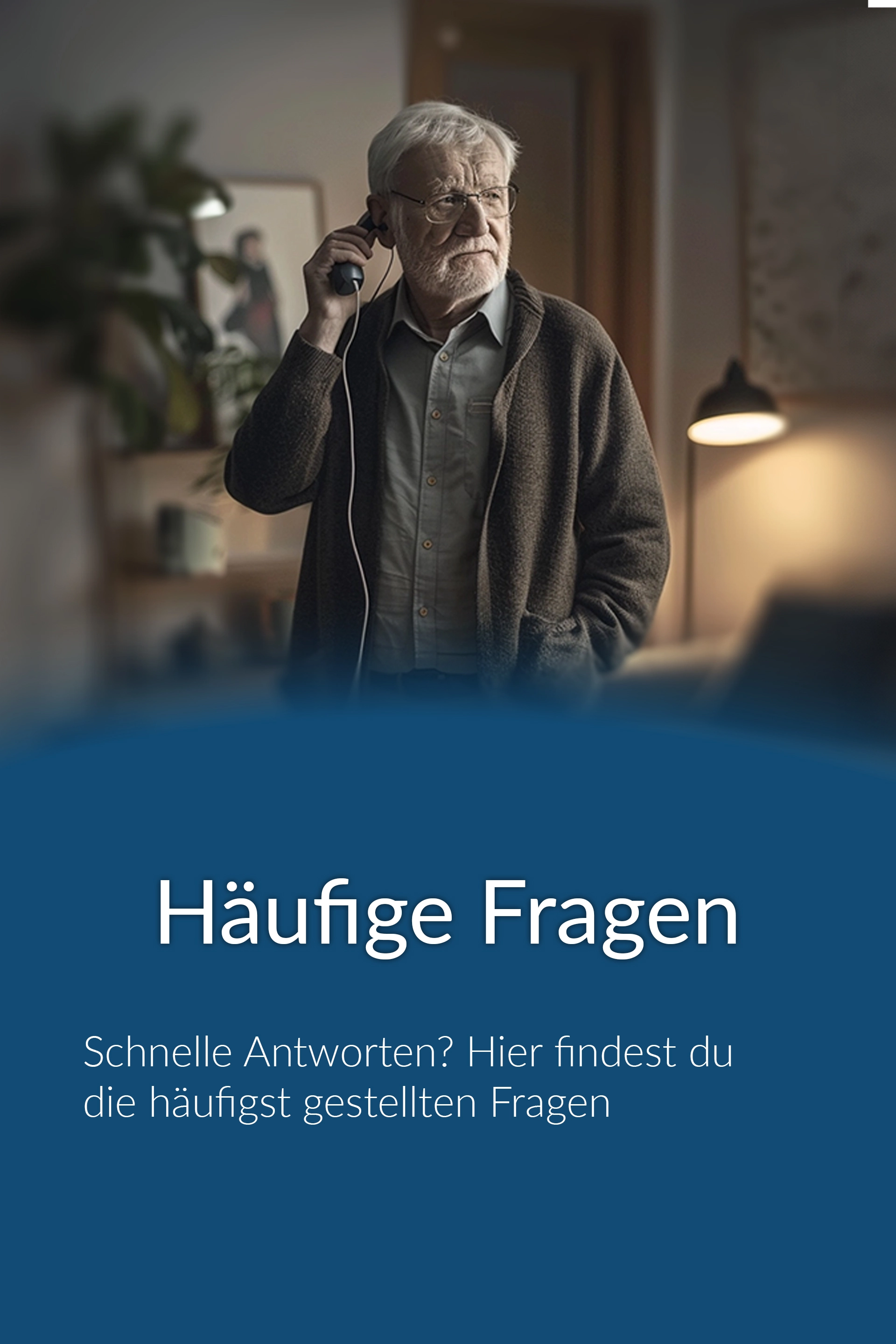 Banner mit einem älteren Mann der telefoniert Banner mit einem älteren Mann der telefoniert mit einem Text für Häufige Fragen